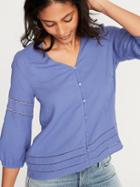 Crochet-lace Trim Linen-blend Button-front Blouse For Women
