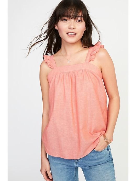 Old Navy Womens Sleeveless Ruffle-trim Linen-blend Top For Women Briquette Size L