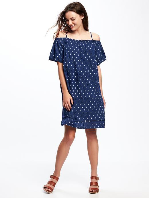 Old Navy Patterned Off The Shoulder Swing Dress For Women - Navy Blue Print