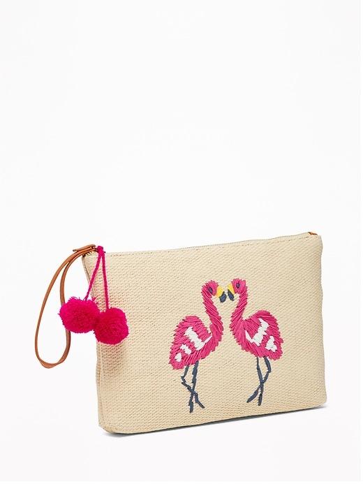 Old Navy Womens Graphic Straw Pom-pom Clutch For Women Flamingo Size One Size