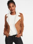 Old Navy Womens Faux-suede Sherpa-collar Moto Jacket For Women Cinnamon Cider Size M