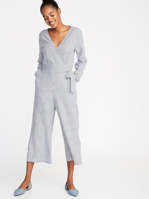 Waist-defined Linen-blend Striped Jumpsuit For Women
