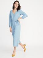 Waist-defined Wrap-front Chambray Jumpsuit For Women