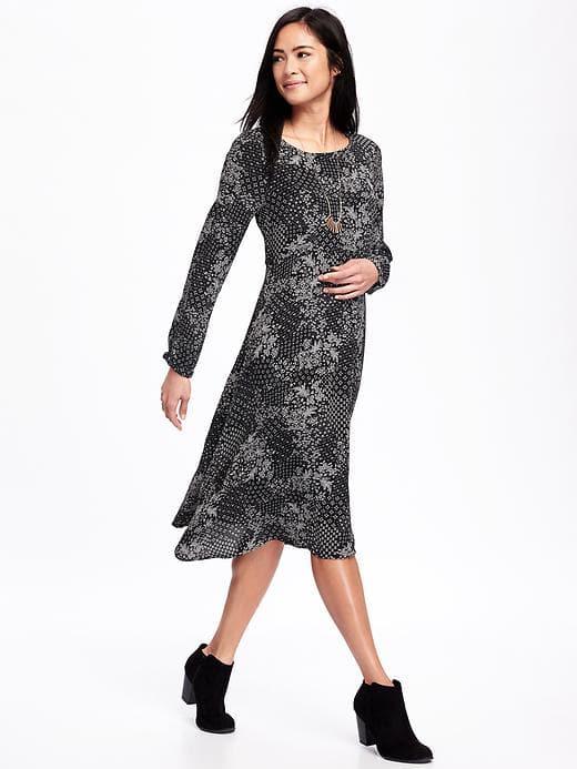 Old Navy Patterned Midi Swing Dress For Women - Black Print