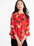 Old Navy Womens Ruffled Georgette Bell-sleeve Blouse For Women Red Floral Size S