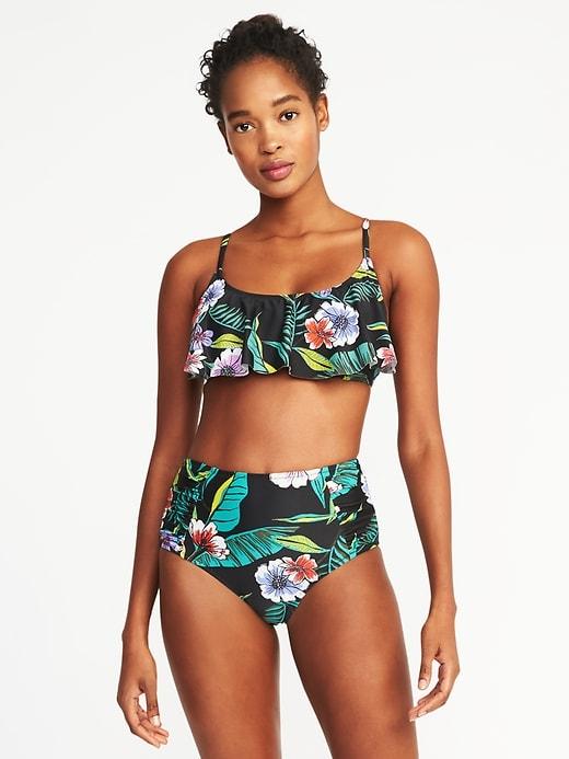 Old Navy Womens Ruffle-trim Swim Top For Women Black Floral Size L