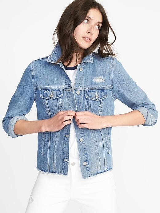 Old Navy Womens Distressed Raw-edged Denim Jacket For Women Medium Wash Size Xl