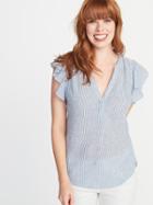 Striped Linen-blend Flutter-sleeve Top For Women