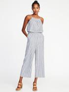 Old Navy Womens Sleeveless Smocked-neck Striped Jumpsuit For Women White & Blue Stripe Size Xl