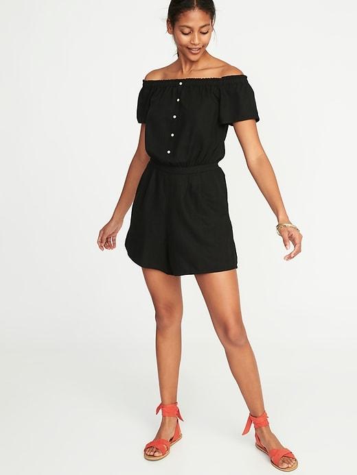Old Navy Womens Off-the-shoulder Linen-blend Romper For Women Black Size S
