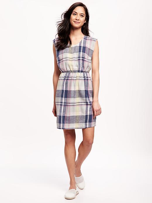 Old Navy Linen Plaid Dress For Women - Blue Plaid
