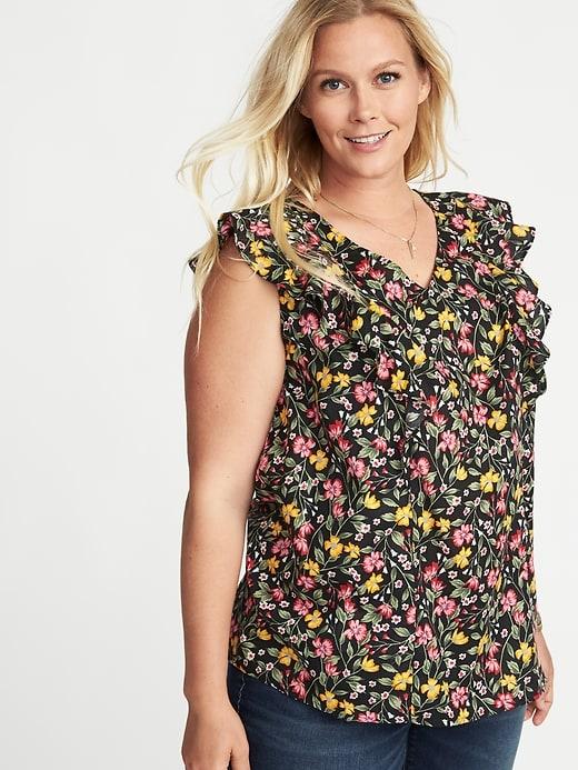 Old Navy Womens Sleeveless Ruffled Floral Plus-size Top Black Print Size 2x