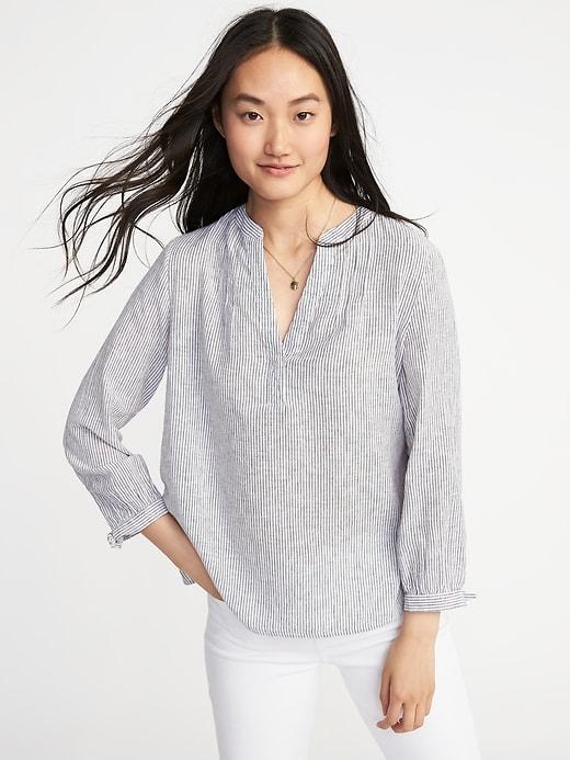 Old Navy Womens Relaxed Tie-cuff Linen-blend Top For Women Blue Stripe Size L