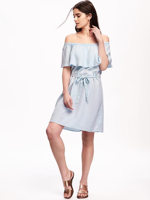 Old Navy Off Shoulder Tie Belt Dress For Women - Chambray Blue