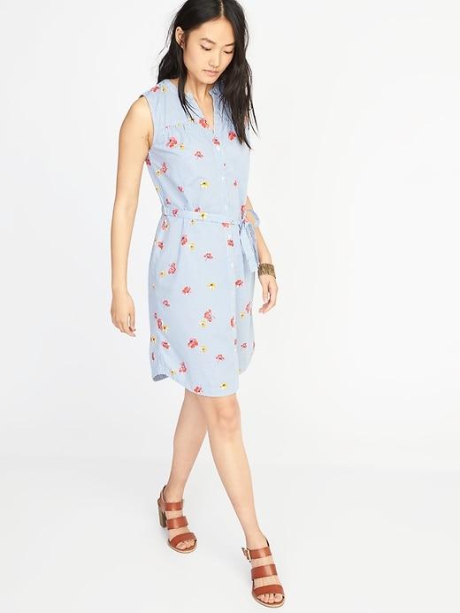 Old Navy Womens Sleeveless Tie-belt Shirt Dress For Women Light Blue Floral Size Xxl