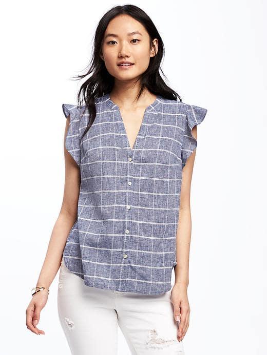 Old Navy Ruffle Sleeve Linen Blend Top For Women - Blue Windowpane Plaid