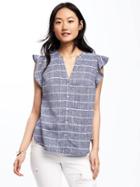 Old Navy Ruffle Sleeve Linen Blend Top For Women - Blue Windowpane Plaid