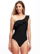 Old Navy Womens Ruffled One-shoulder Swimsuit For Women Ebony Size Xs