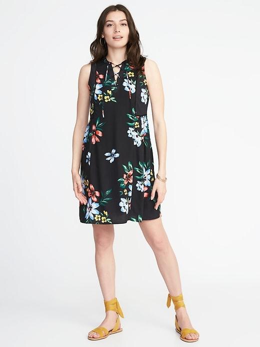 Old Navy Womens Lace-up Sleeveless Swing Dress For Women Black Floral Size Xxl