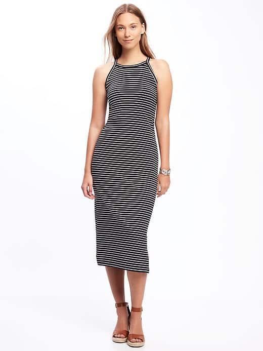 Old Navy High Neck Side Slit Midi Dress For Women - O.n. New Black Stripe