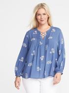 Old Navy Womens Plus-size Lace-up-yoke Blouse Blue/white Size 3x