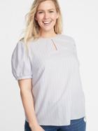 Patterned Twill Plus-size Puff-sleeve Blouse