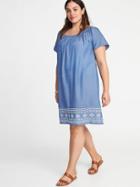 Old Navy Womens Smocked-neck Embroidered-hem Plus-size Shift Dress Chambray Blue Size 1x