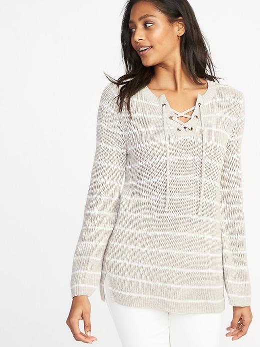Old Navy Womens Lace-yoke Bell-sleeve Sweater For Women Neutral Stripe Size L