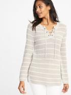 Old Navy Womens Lace-yoke Bell-sleeve Sweater For Women Neutral Stripe Size L