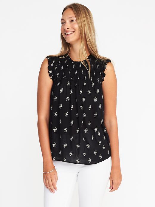 Old Navy Smocked Yoke Sleeveless Swing Top For Women - Black Print