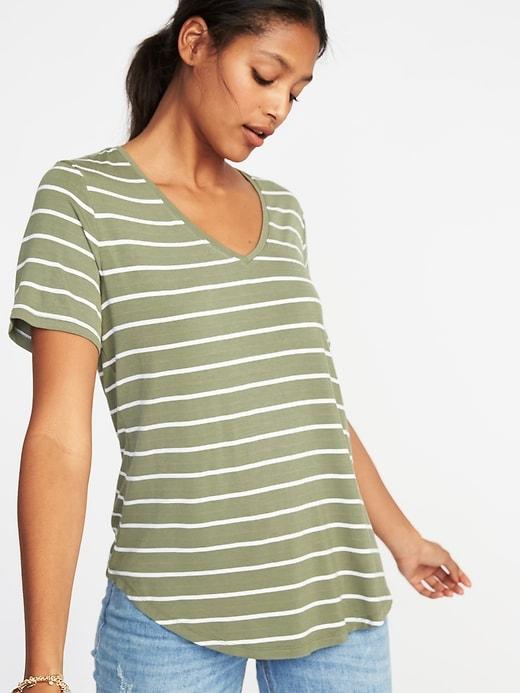 Old Navy Womens Luxe Curved-hem V-neck Tee For Women Olive Stripe Size Xs