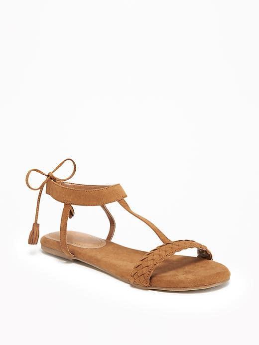 Old Navy Sueded Tie Back T Strap Sandals For Women - Cognac Brown