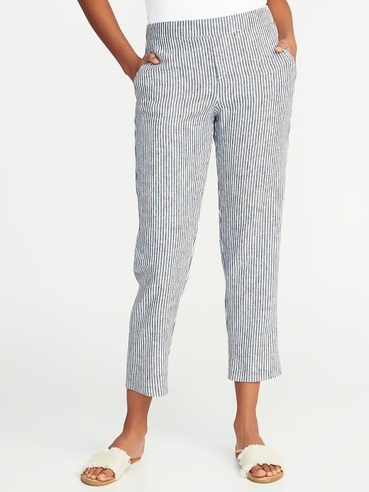 Old Navy Womens Mid-rise Pull-on Striped Linen-blend Pants For Women Blue Stripe Size 12