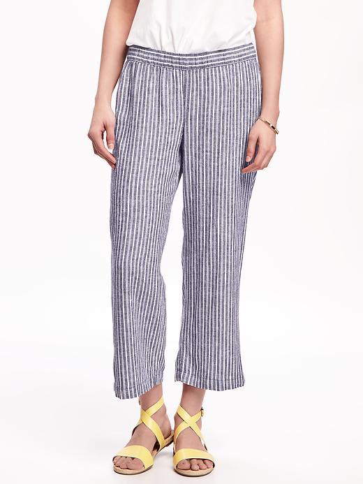 Old Navy Mid Rise Linen Blend Cropped Wide Leg Pants For Women - Blue/white Stripe