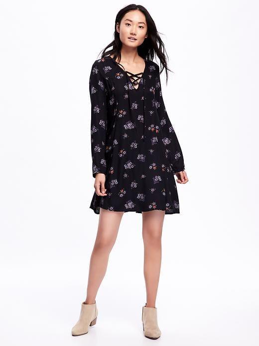 Old Navy Lace Up Neck Swing Dress For Women - Black Floral