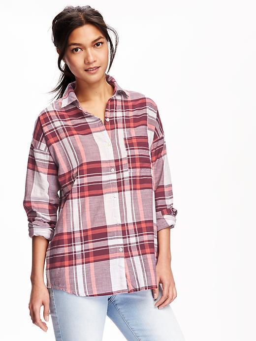 Old Navy Slub Weave Slit Back Boyfriend Shirt For Women - Maroon Plaid