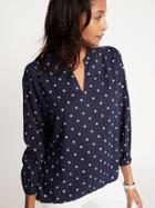 Daisy-print Linen-blend Split-neck Top For Women