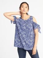 Old Navy Womens Cold-shoulder Tie-sleeve Top For Women Maverick Blue Print Size S