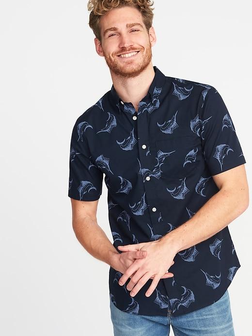 Old Navy Mens Slim-fit Built-in Flex Printed Shirt For Men Navy Blue Print Size M