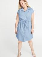 Chambray Cinch-tie Plus-size No-peek Shirt Dress