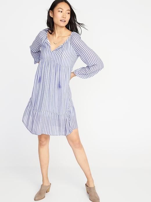 Old Navy Womens Striped Crinkle-gauze Boho Swing Dress For Women Blue Stripe Size L