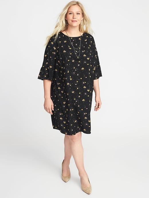 Old Navy Womens Floral-print 3/4-sleeve Plus-size Shift Dress Black Ditsy Floral Size 2x
