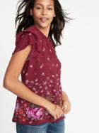 Old Navy Womens High-neck Ruffle-trim Georgette Top For Women Burgundy Floral Size L