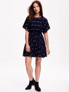 Old Navy Belted Fit & Flare Dress - Navy Blue Print