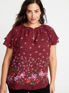 Old Navy Womens Plus-size High-neck Ruffle-trim Georgette Top Burgundy Floral Size 3x