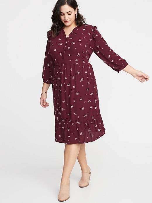 Waist-defined Plus-size Floral No-peek Shirt Dress