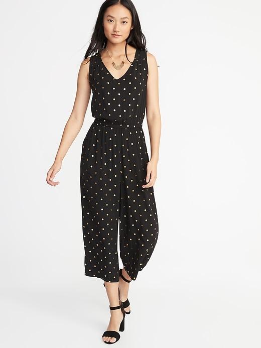 Old Navy Womens Waist-defined Sleeveless Wide-leg Jumpsuit For Women Black/gold Foil Dots Size Xxl