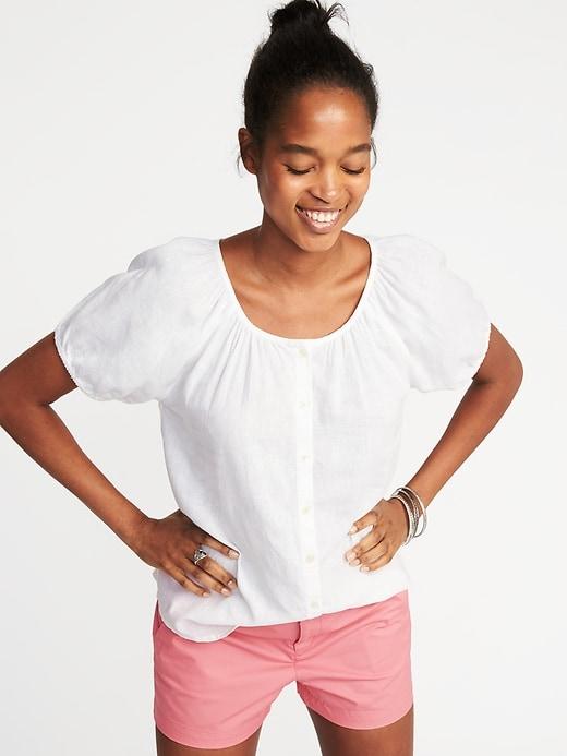 Old Navy Womens Relaxed Button-front Bubble-sleeve Top For Women Cream Size Xl
