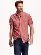 Old Navy Mens Slim Fit Short Sleeved Chambray Shirts Size M Tall - Red Chambray