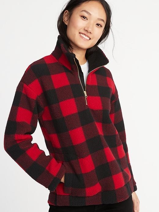 Old Navy Womens Sherpa 1/4-zip Mock-neck Pullover For Women Red Buffalo Plaid Size Xs